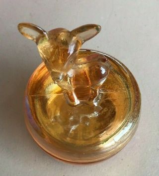 Vintage Jeannette Carnival Glass Peach Luster Deer Fawn Lidded Powder Box Mcm