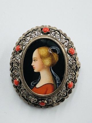 Vintage 800 Silver Filigree Miniature Painted Portrait Of A Woman Brooch