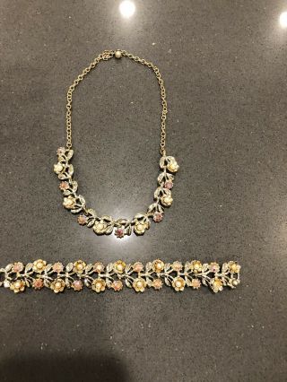 Vintage Pink Aurora Borealis Rhinestone & Pearl Floral Necklace/bracelet Set