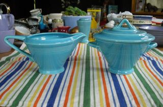 Vintage Homer Laughlin Harlequin Turquoise Sugar Bowl W/lid & Creamer Fiesta