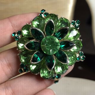 Vtg Emerald Green Flower Pin Brooch Rhinestone Signed