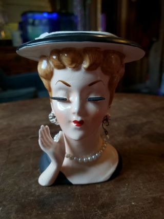 Vintage Lee Ward Lady Head Vase / Planter Black Hat / Dress Flower Earrings
