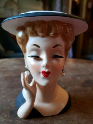 Vintage Lee Ward Lady Head Vase / Planter Black Hat / Dress