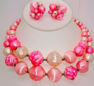 Vintage Mid Century Pink Bubble Gum Earrings & Choker Necklace Set Estate Find