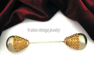 Vintage Old Art Deco Pave Amber Rhinestone Gold Pearl Long Jabot Hat Stick Pin