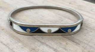 Vintage Mex Alpaca Silver Enameled Bracelet Hinged Bangle Blue Black White Enam