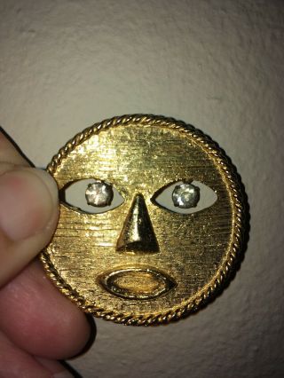 Vintage Gold Smiley Face Pin And Pendant Rhinestone Eyes