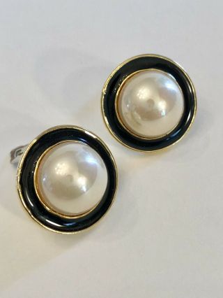 Vintage Faux Pearl Black & Gold Clip - On Earrings
