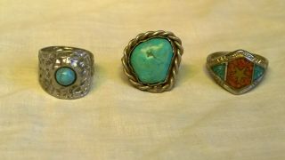 3 Vintage Navajo Sterling Silver Turquoise And Coral Rings Size 5,  6 & 7