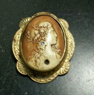 Vintage Victorian Carved Cameo Pin Brooch Brass Frame Lady