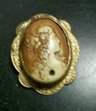 Vintage Victorian carved cameo pin brooch brass frame lady 3