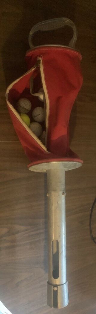 Vintage Shag Bag Golf Ball Retriever Aluminum Red