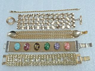 Vintage Sarah Coventry Wide Mesh Bracelet With Stones,  Light Green,  Gold Chain