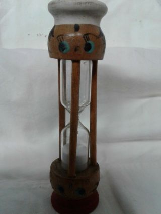 Vintage Sand In Hour Glass Cooking Timer Faces Painted On Wood Holder Chef Bake