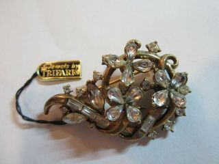 Vintage Crown Trifari Signed Rhinestone Flower Brooch Pat.  Pend Alfred Philippe