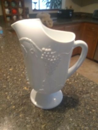 VINTAGE FOOTED MILK GLASS WATER PITCHER GRAPE and Leaf PATTERN 2
