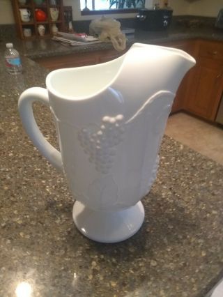 VINTAGE FOOTED MILK GLASS WATER PITCHER GRAPE and Leaf PATTERN 4