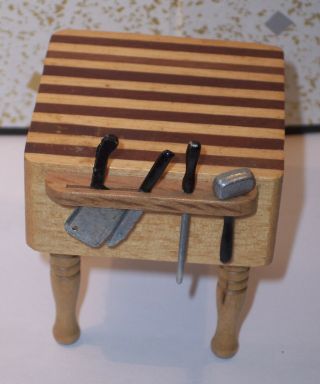 Vintage Doll House Miniature Wood Butcher Block Talble Cutlery Handcraft Designs