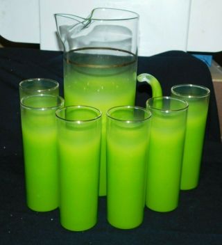 Vintage Blendo Glass,  Set Of 6 Ice Tea Glasses & Pitcher,  Chartreuse Green,