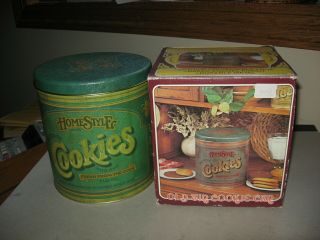 Vintage Metal " Homestyle Cookies " Tin Cookie Jar With Lid Ballonoff