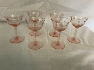 6 Small Vintage Pink Etched Tall Stem Champagne Or Dessert Glasses 4 - 1/2” Tall