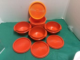 Vtg.  Tupperware Servelier 8 Pc.  Set Orange Bowls 3 1323 & 1 1298