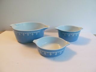 Vintage Pyrex Set Of 3 Snowflake Casserole Bowls Aqua/turquiose Blue No Covers