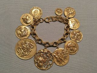 Vtg Germany Chunky Goldtone Faux Coin Charm Bracelet Egyptian Revival