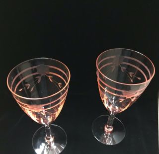 Vtg Set Of 2 Pink Depression Glass Wine / Water Goblets Faceted Etched Floral