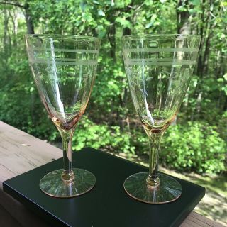 VTG Set of 2 Pink Depression Glass Wine / Water Goblets Faceted EtCheD Floral 3