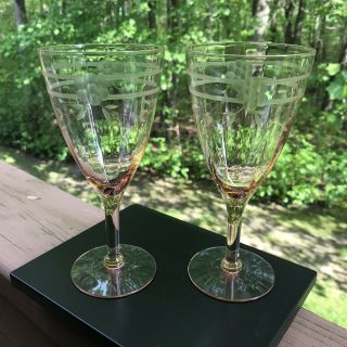 VTG Set of 2 Pink Depression Glass Wine / Water Goblets Faceted EtCheD Floral 4