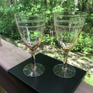 VTG Set of 2 Pink Depression Glass Wine / Water Goblets Faceted EtCheD Floral 5