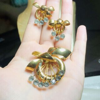 Vtg Old Matching Earrings Pin Brooch Signed 1/20 10k Gold Filled Rhinestone