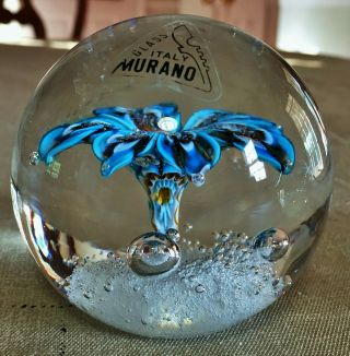 Vintage Murano Italian Art Glass Blue & Multi - Color Flower Bubbles Paperweight