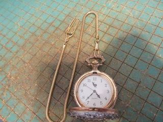 Vintage Ornate Gold Tone Stag Deer Quartz Pocket Watch With Fob Chain - Batt