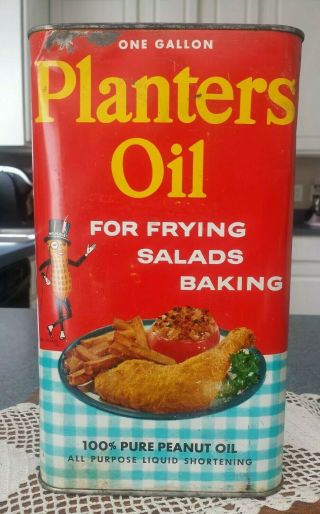 Vintage Planters 100 Pure Peanut Oil Advertising Tin With Mr.  Peanut & Recipes