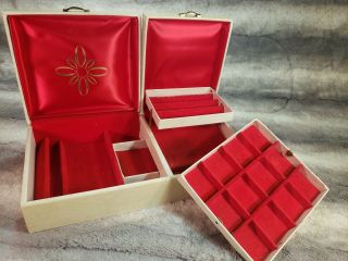 Vintage Buxton Jewelry Box 2 Door Secret Compartment White/ Creme Red Interior