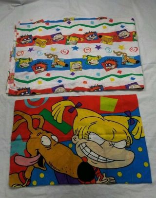 Nickelodeon Rugrats Flat Sheet Pillowcase Vtg Twin Size Tommy Chuckie Angelica