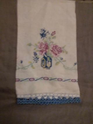 Floral Vintage Tea Towel Handmade Cross Stitch Embroidery Tatted Lace Edging