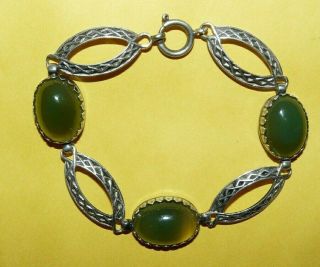 Vintage Modernist Mid - Century 925 Sterling Silver W/ Green Jade 7.  75 " Bracelet