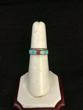Vintage Sterling Silver Turquoise And Coral Inlay Ring