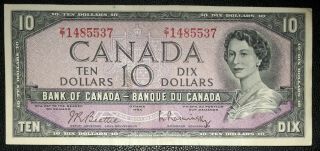 Bank Of Canada 1954 10 Dollar Banknote Beattie Rasminsky Z/t1485537 Vintage Note