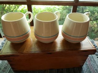 3 - Mccoy Ivory Pink/blue Banded Vtg Coffee Mugs 3.  5 " H,  2.  5 " W,  7025,