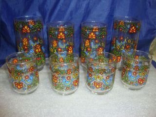 8 Vintage Libbey Tumbler Juice Glass Country Festival Blue Bird Red Tulips