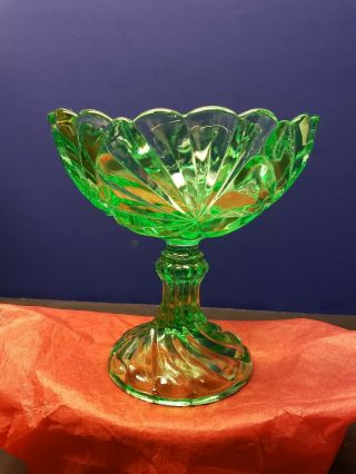 Vintage Green Vaseline Depression Glass 5 1/2 " Compote Glows Plume Pattern ?
