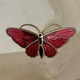 Vintage Red Black Enamel Butterfly Moth Brooch Pin Insect