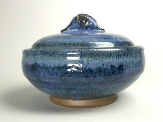 Vtg Signed Studio Art Pottery Stoneware Blue Speckle Drip Glaze Lidded Bowl