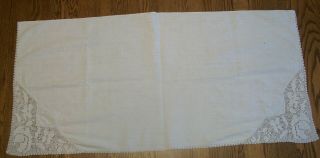 Vintage 38 " X 18 " White Dresser Scarf / Runner - Hand Embroidery & Crochet Edges