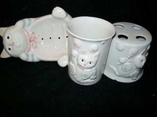 Vintage Cat Kitten Bath Accessory Set Porcelain Ceramic Soap Dish,  Cup,  Toothbrush