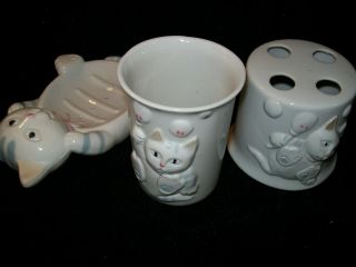 Vintage cat kitten bath accessory set porcelain ceramic soap dish,  cup,  toothbrush 2